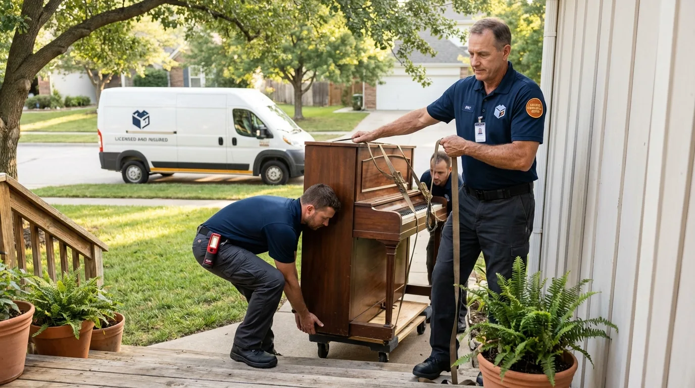 Licensed piano movers securing grand piano in Tabor City, NC