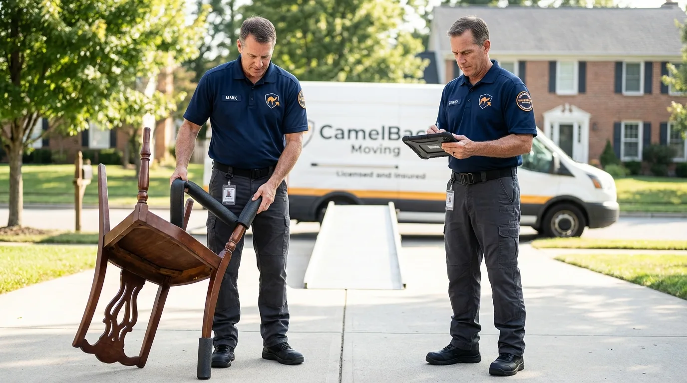 Movers inspecting furniture for damage prevention before loading in Tabor City, NC