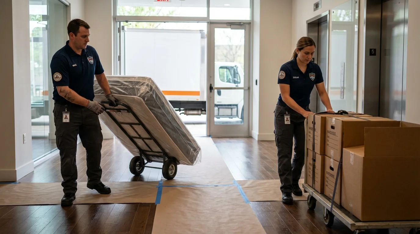 Professional apartment movers loading elevator in Tabor City, NC