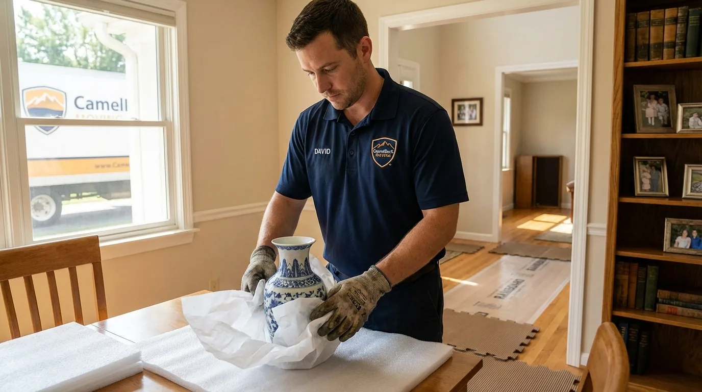 Professional crew carefully wrapping antique vase for senior downsizing move in Tabor City, NC
